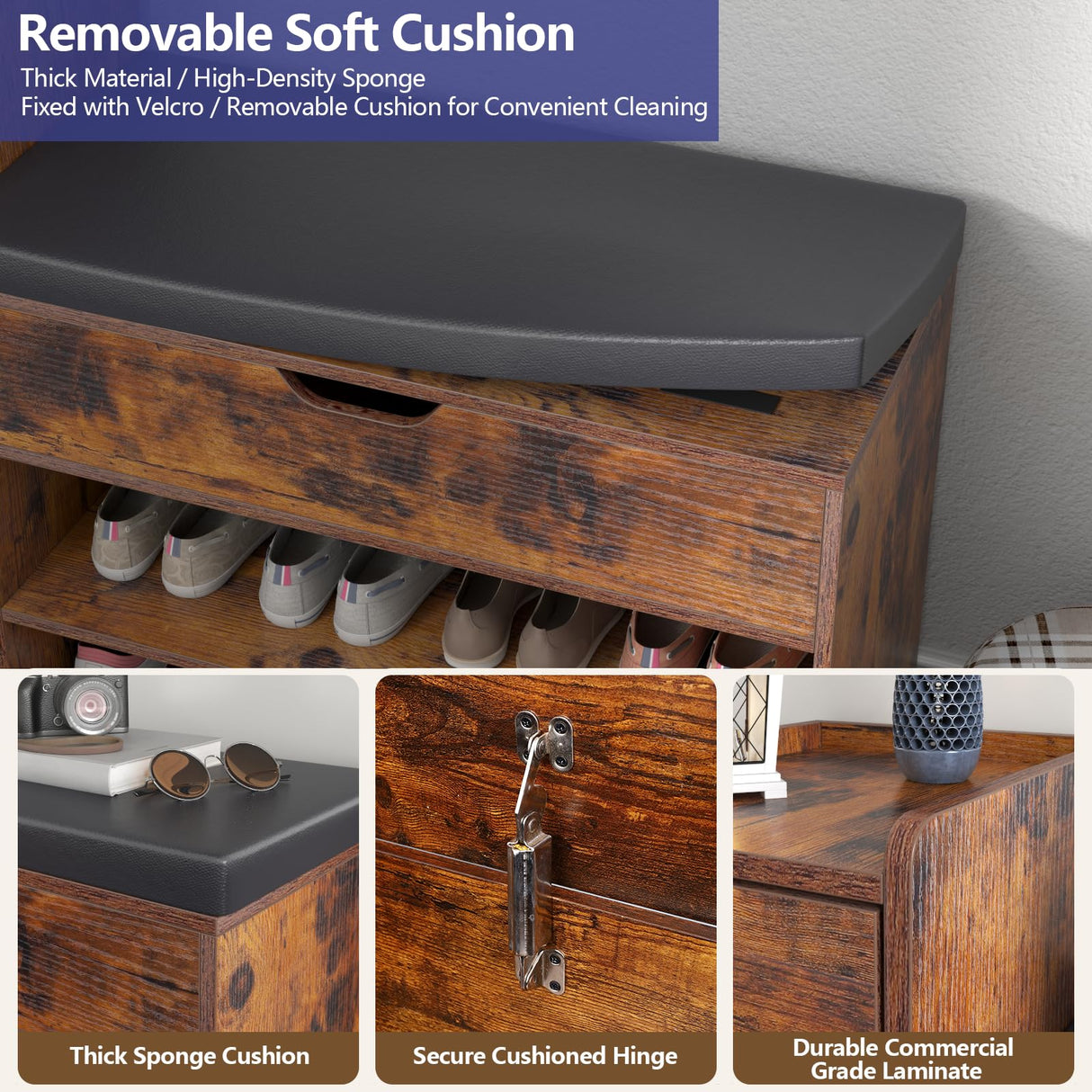 Gyfimoie Shoe Storage Bench, Farmhouse Entryway Bench with Drawer, 2-Tier Shoe Bench with Seat Cushion & Lift Top Storage Box, Slim Shoe Cabinet Bench for Entryway, Living Room, Bedroom (Rustic Brown) Gyfimoie