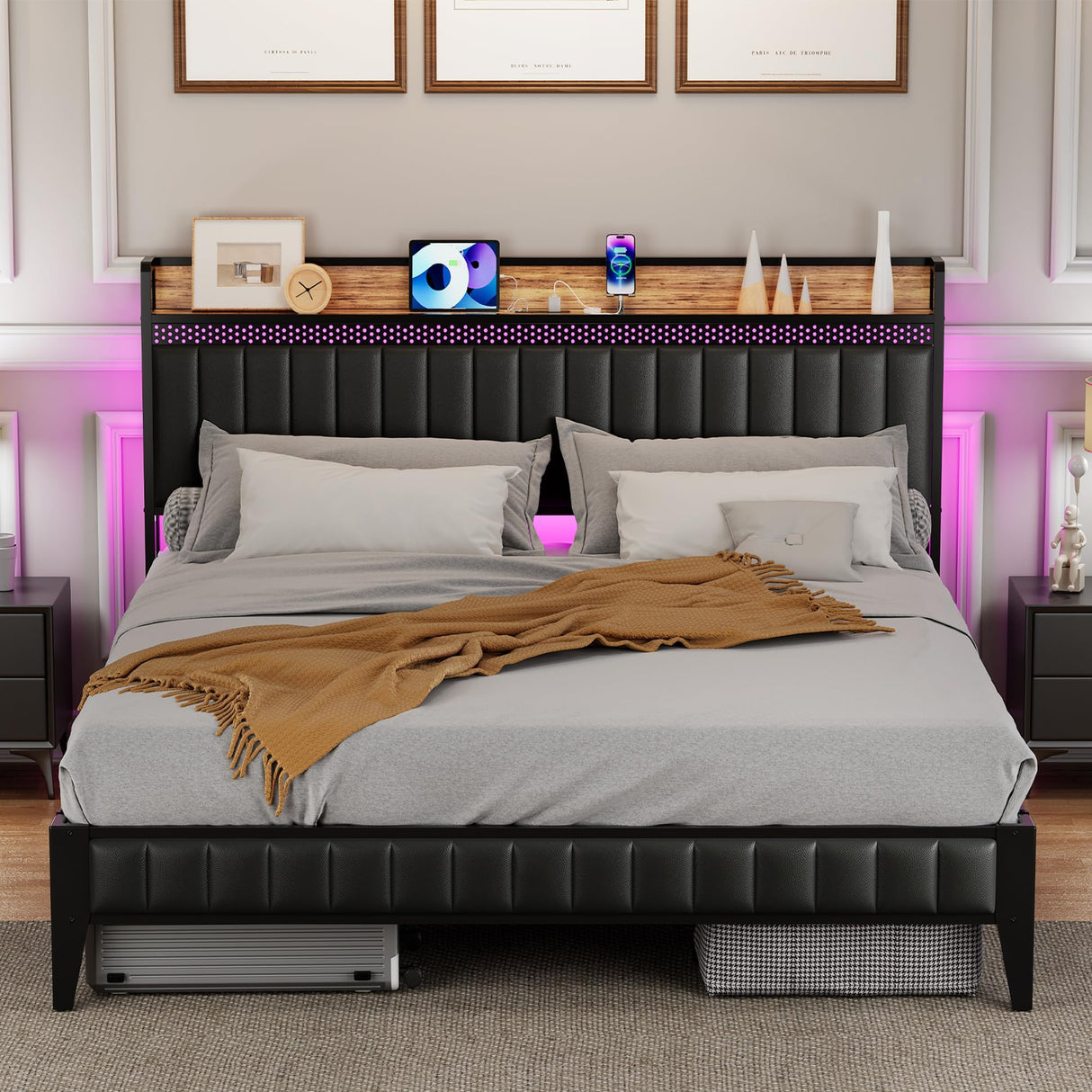 IDEALHOUSE King Bed Frame with Charging Station, LED Bed Frame with Storage Headboard, Upholstered Platform Bed Frame, No Box Spring Needed, Easy Assembly, Black IDEALHOUSE