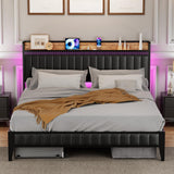 IDEALHOUSE King Bed Frame with Charging Station, LED Bed Frame with Storage Headboard, Upholstered Platform Bed Frame, No Box Spring Needed, Easy Assembly, Black IDEALHOUSE