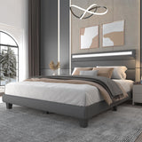 Benevika Queen Size Bed Frame with Charging Station and LED Lights, Modern Upholstered Bed Frame with Headboard, Linen Fabric Beds, Wood Slats, No Box Spring Needed, Easy Assembly, No Noise, Grey Benevika
