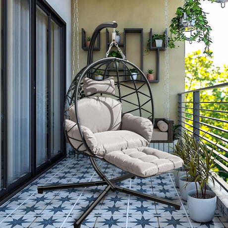 Indoor Outdoor Hanging Egg Chair with Stand & Leg Rest – Heavy-Duty Steel Frame, Handwoven Rattan Swing Chair for Patio, Garden, Bedroom – 350 lbs Capacity, Ergonomic Design (Grey) Nevsokio