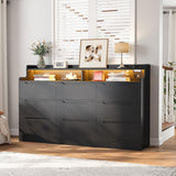 EnHomee 9 Drawers Dresser with LED Light Storage Shelves,Black Dresser for Bedroom with Charging Station,Dressers & Chests of Drawers with Handleless in Modern Style,Tall Wooden Dresser for Home EnHomee