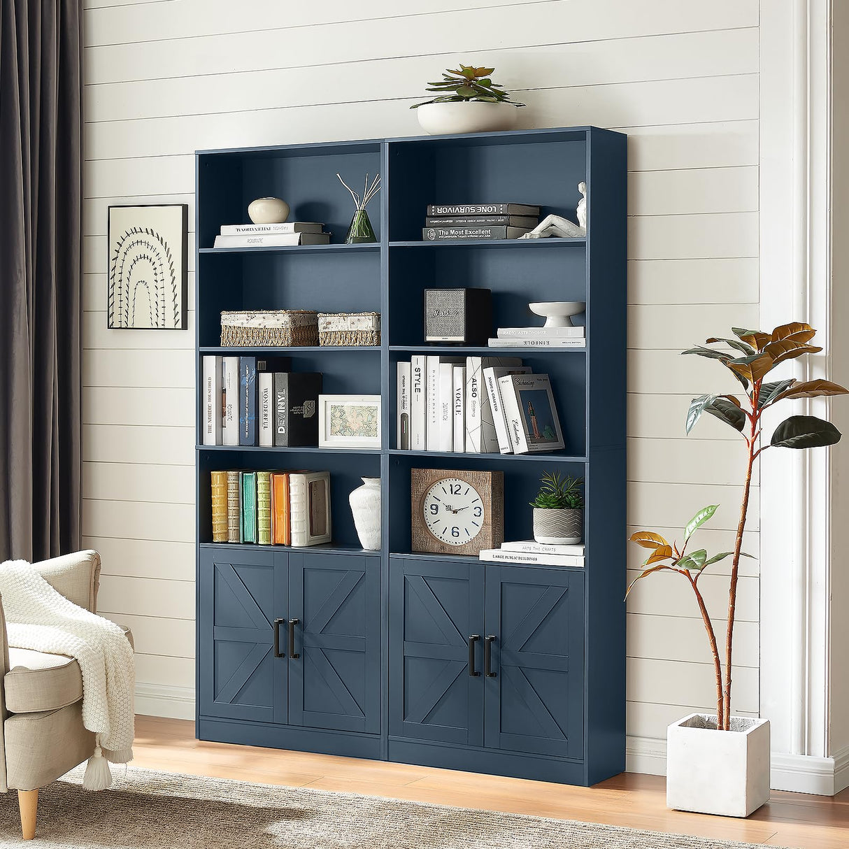 RWYHG 70in Tall Bookshelf 6 Tier Bookcase with Barn Doors and Adjustable Shelf, Blue Farmhouse Book Shelves with Storage Cabinet, Wood Floor Standing Display Bookshelve for Bedroom,Living Room,Kitchen RWYHG