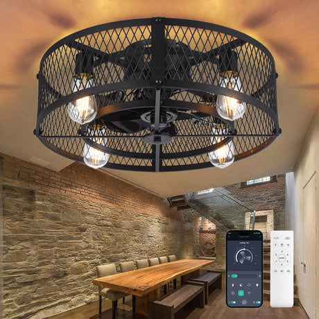 Depuley Flush Mount Ceiling Fan: 20" Caged Ceiling Fans with Lights and Remote App Control for Kitchen Bedroom Farmhouse - Rustic Low Profile Ceiling Fandelier Lights Reversible 6 Speed Timer Black Depuley