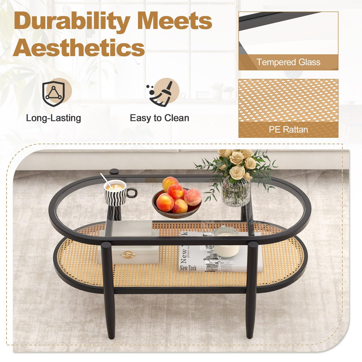 Giantex Rattan Coffee Table, 2-Tier Oval Wood Tea Table with Tempered Glass Tabletop & PE Rattan Storage Shelf, 40" Boho Cocktail Tables, Mid Century Modern Center Table for Living Room Office, Black Giantex