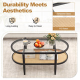 Giantex Rattan Coffee Table, 2-Tier Oval Wood Tea Table with Tempered Glass Tabletop & PE Rattan Storage Shelf, 40" Boho Cocktail Tables, Mid Century Modern Center Table for Living Room Office, Black Giantex
