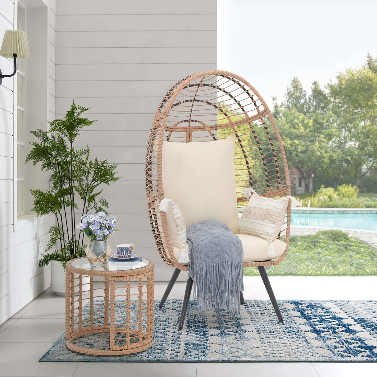 JOIVI Wicker Egg Chair, Oversized Indoor Outdoor Lounger Large Egg Basket Chair with Stand and Cushions for Patio Porch, Backyard, Living Room, Balcony (Beige Rattan, Creamy White Cushion) JOIVI