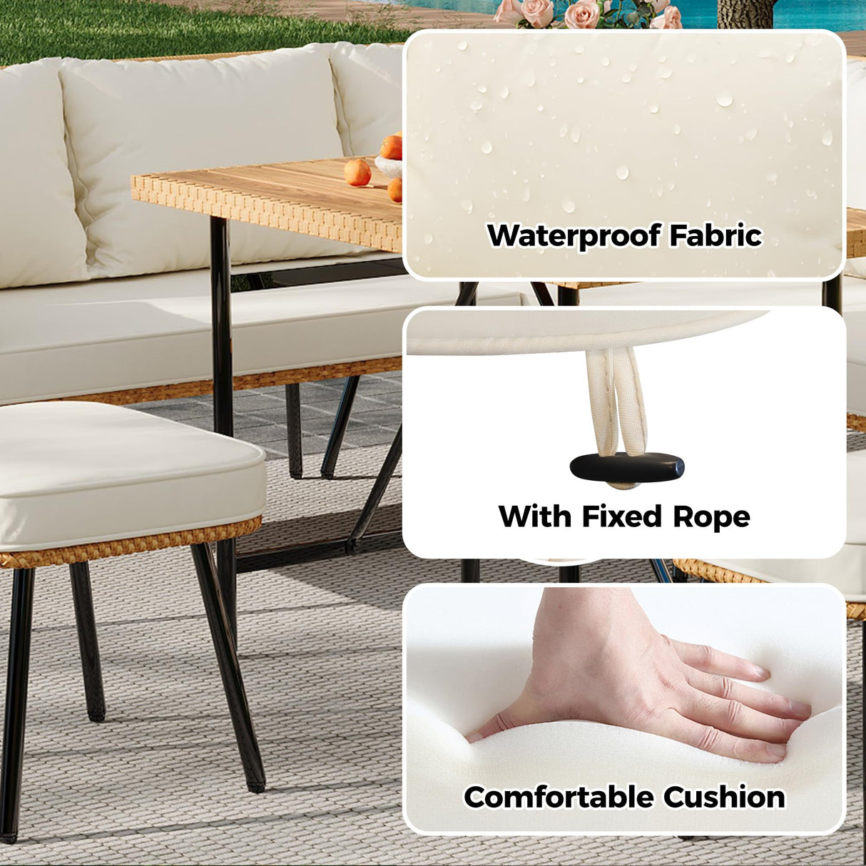 Senfot 6 Pieces Outdoor Patio Furniture Set with Table, All-Weather Boho Wicker Rattan Patio Sectional L-Shaped Sofa, Metal Frame, Detachable Cushions, for Patio, Balcony, Backyard, Deck, Beige Senfot