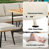 Senfot 6 Pieces Outdoor Patio Furniture Set with Table, All-Weather Boho Wicker Rattan Patio Sectional L-Shaped Sofa, Metal Frame, Detachable Cushions, for Patio, Balcony, Backyard, Deck, Beige Senfot