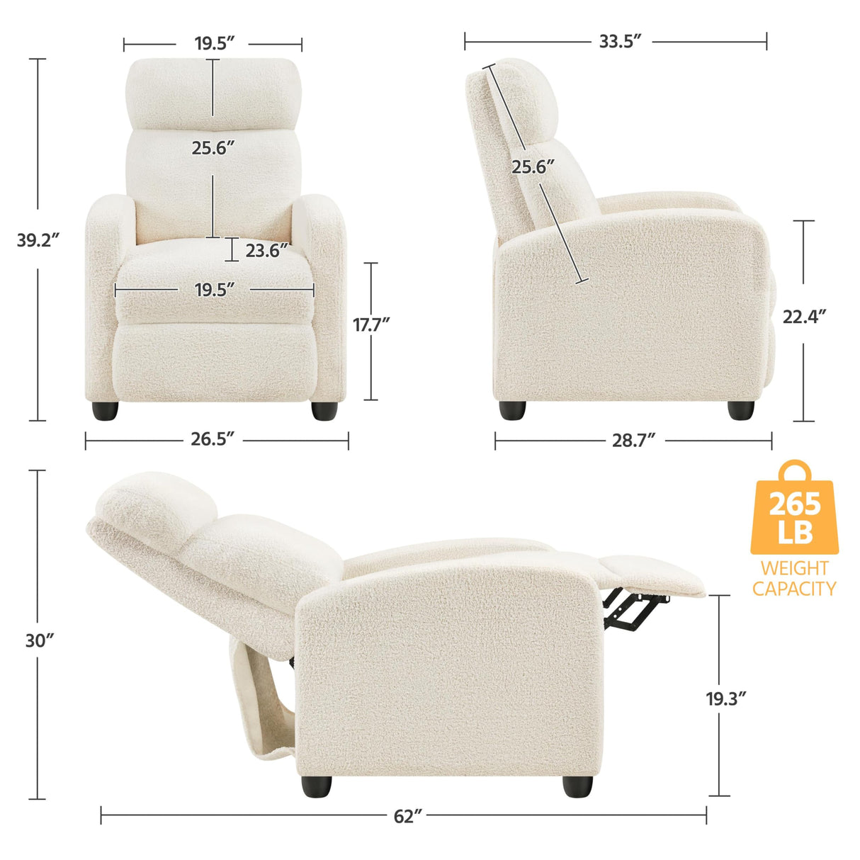 Yaheetech Fabric Recliner Chair Single Sofa Home Theater Seatting Adjustable Modern Single Reclining Chair for Living Room Bedroom Home Theater Ivory Yaheetech