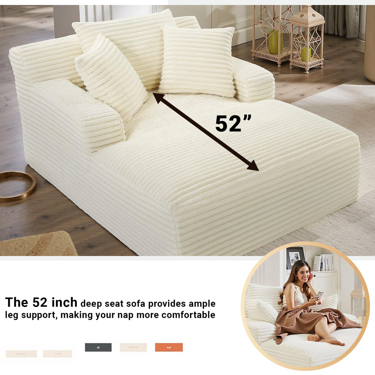 GUANGHONG 50" W Chaise Lounge Chair Indoor, Oversized Upholstered Corduroy Boneless Sofa Bed with 3 Pillows, Deep Seat Sleeper Reading Chair Cloud Couch for Living Room, No Assembly Required GUANGHONG