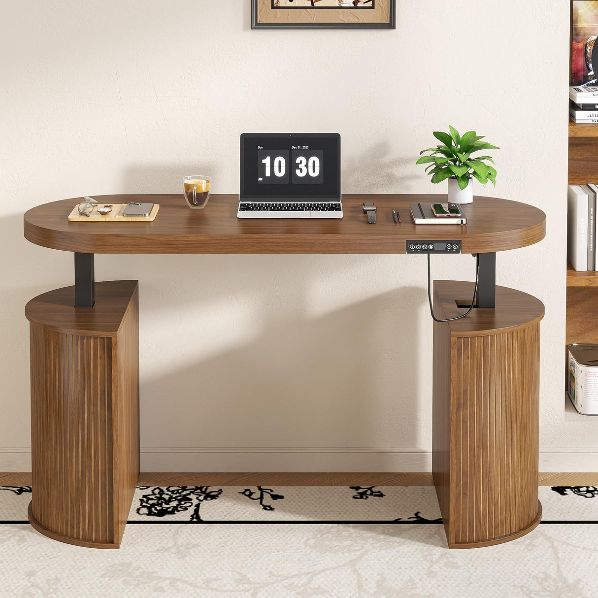 Xyulmeo Mid Century Modern Electric Standing Desk with Storage, 55 x 22 Inch Small Sit Stand Up Desk, Wood Adjustable Height Computer Executive Desk for Home Office, Laptop, Walnut Xyulmeo