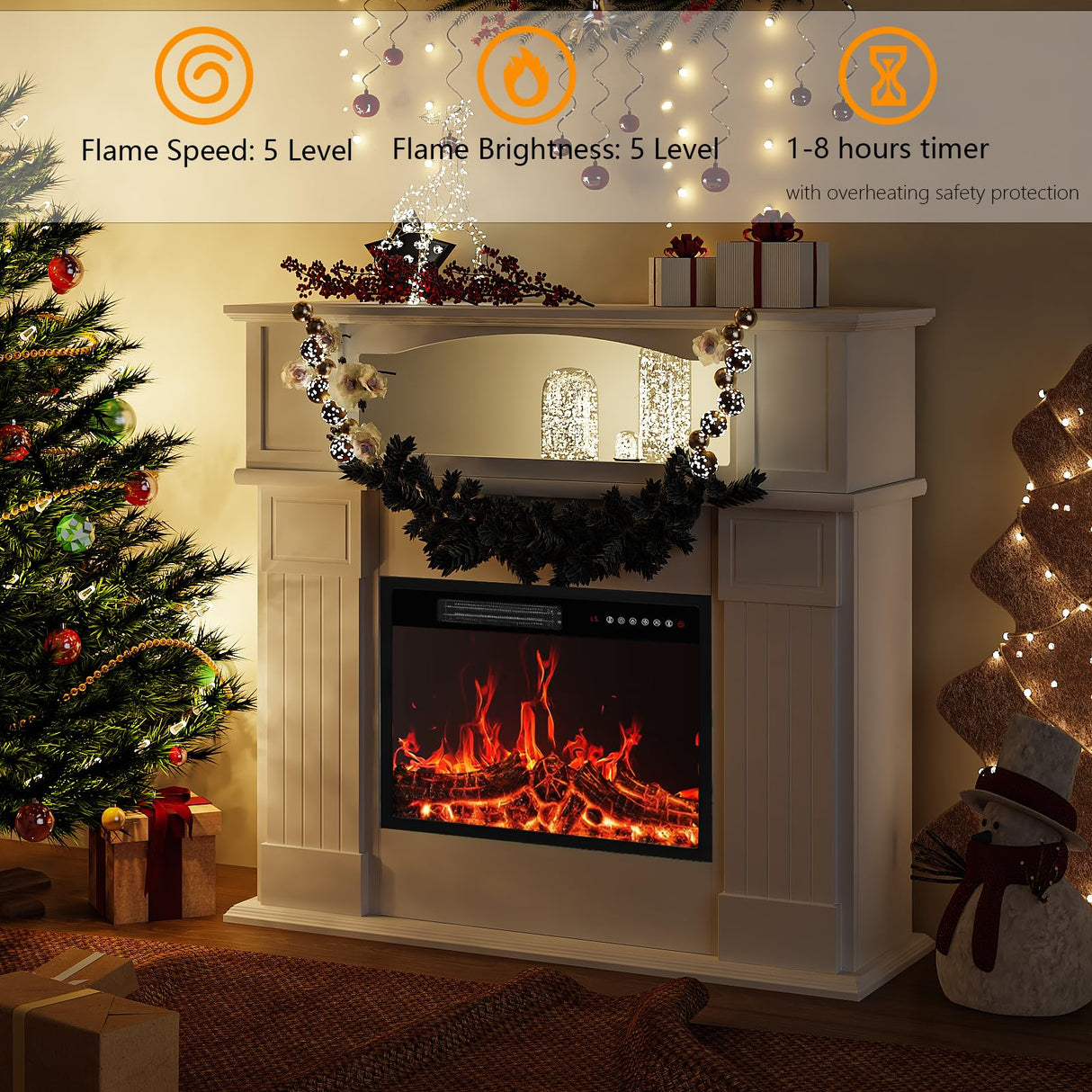BOSSIN 43" Electric Fireplace with Mantel, 23 inch Electric Fireplace Insert, Freestanding TV Stand with Fireplace Heater,Wooden Surround Firebox Faux Log & Led Flames, Remote Control,750W/1500W White BOSSIN