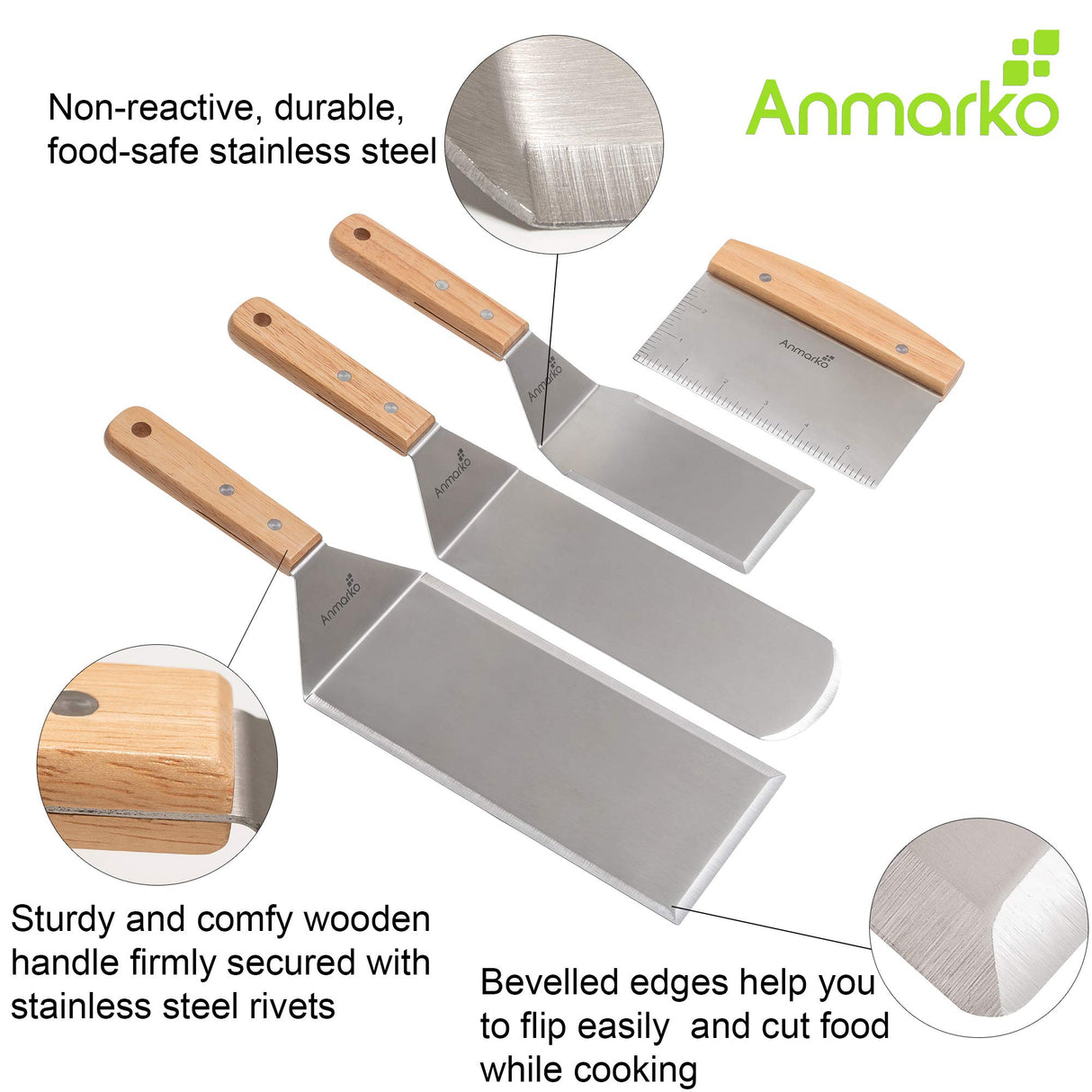 Stainless Steel Metal Spatula Set - Teppaniyaki Spatulas - Griddle Scraper Flat Spatula Pancake Flipper Hamburger Turner - Metal Utensil great for BBQ Grill Flat Top Cast Iron Griddle Accessories Anmarko