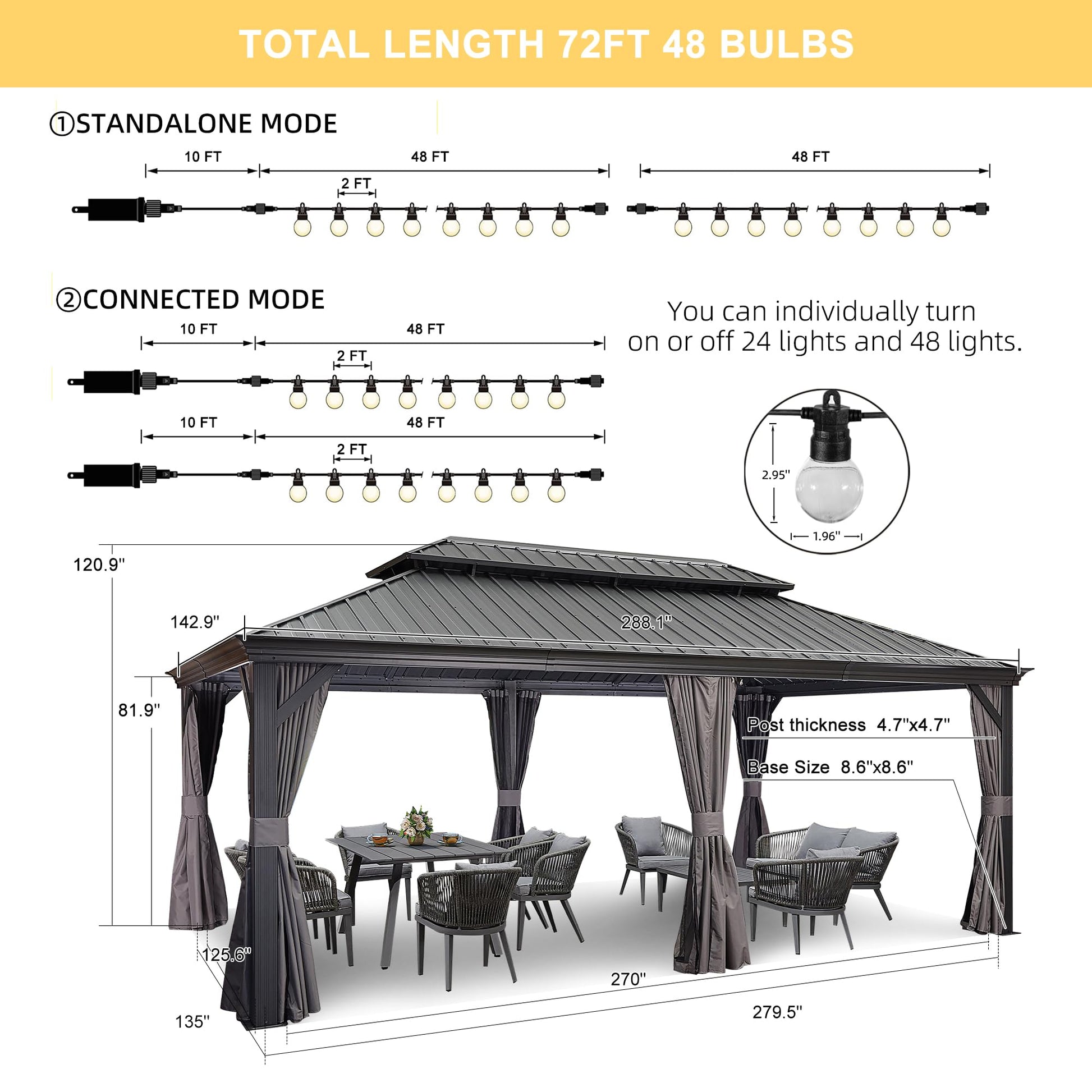 PURPLE LEAF 12' X 24' Large Gazebo with Galvanized Steel Double Roof Outdoor Patio Gazebo with Light for Lawn and Garden Permanent Hardtop Gazebo Grey - WoodArtSupply