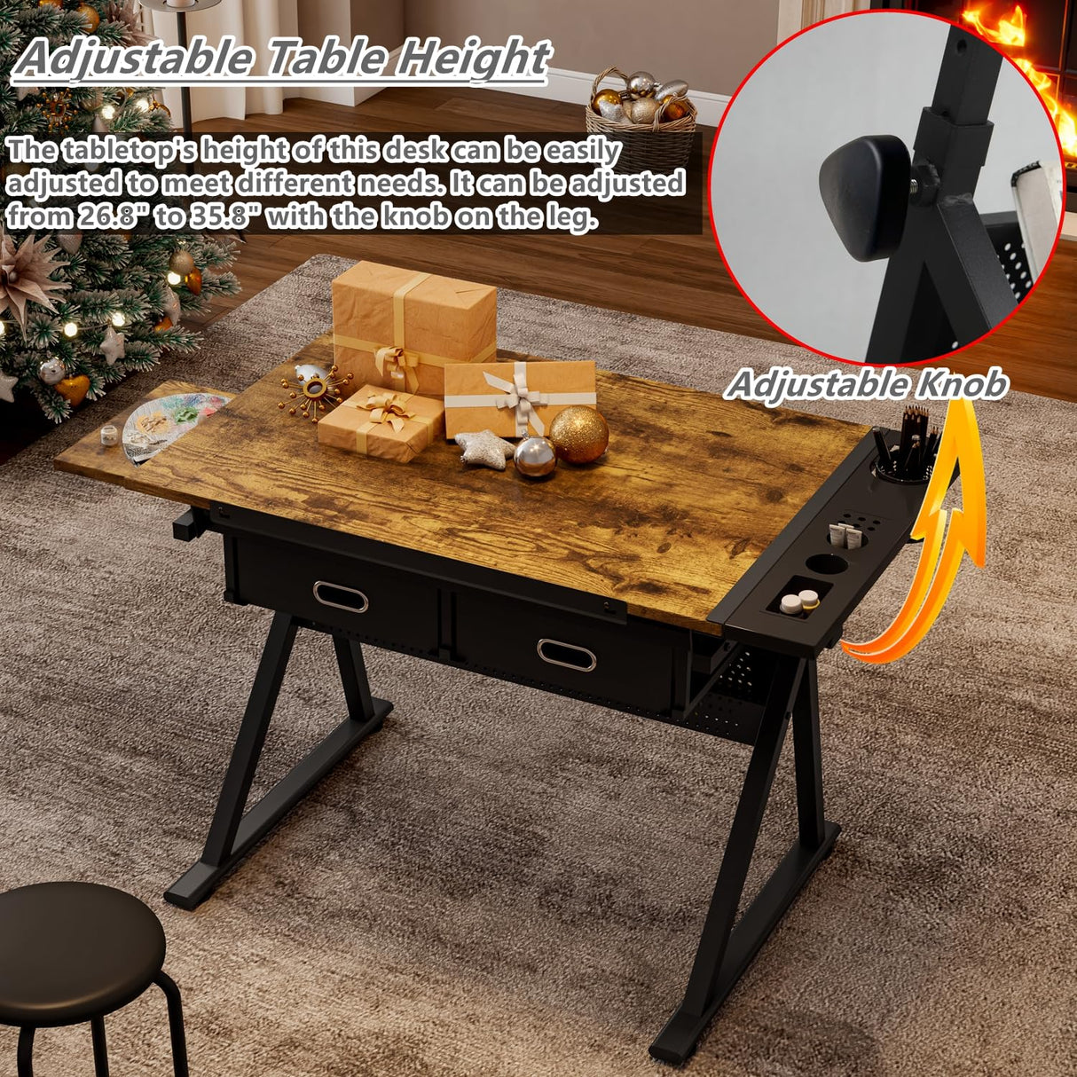 Roockky Adjustable Drafting Table, Multi-Functional Tilting Drawing Desk with Stool, Wood Painting Table Artist Desk for Home Office School, Brown-B Roockky