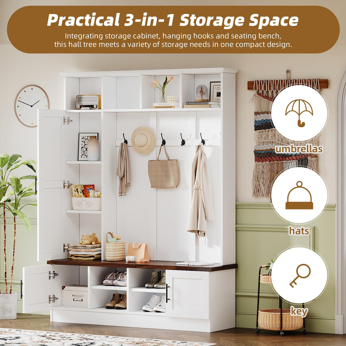 Merax Farmhouse Wood Hall Tree with 6 Hooks and Shoe Bench, Mudroom Versatile Coat Racks with Cabinets and Shelves, Entrance Organizer for Hallway White Merax