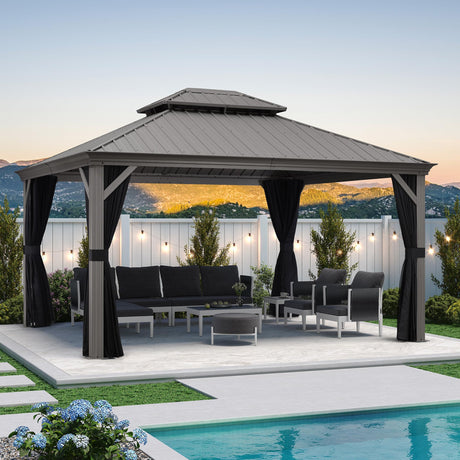PURPLE LEAF 12' X 14' Patio Hardtop Gazebo Aluminum Outdoor Gazebo with Double Galvanized Steel Roof for Deck Backyard All Weather Outdoor Pavilion Curtain and Netting Included, Light Grey PURPLE LEAF