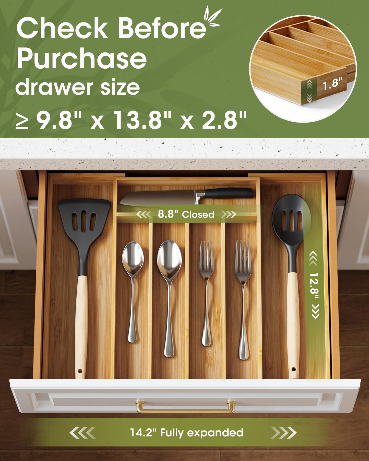 AUJEN Bamboo Silverware Organizer - Expandable Drawer Organizer, Adjustable Utensil Organizer, Kitchen Cutlery Drawer Organizer, Kitchen Organizers and Storage Holder for Flatware, 5-7 Slots, Natural