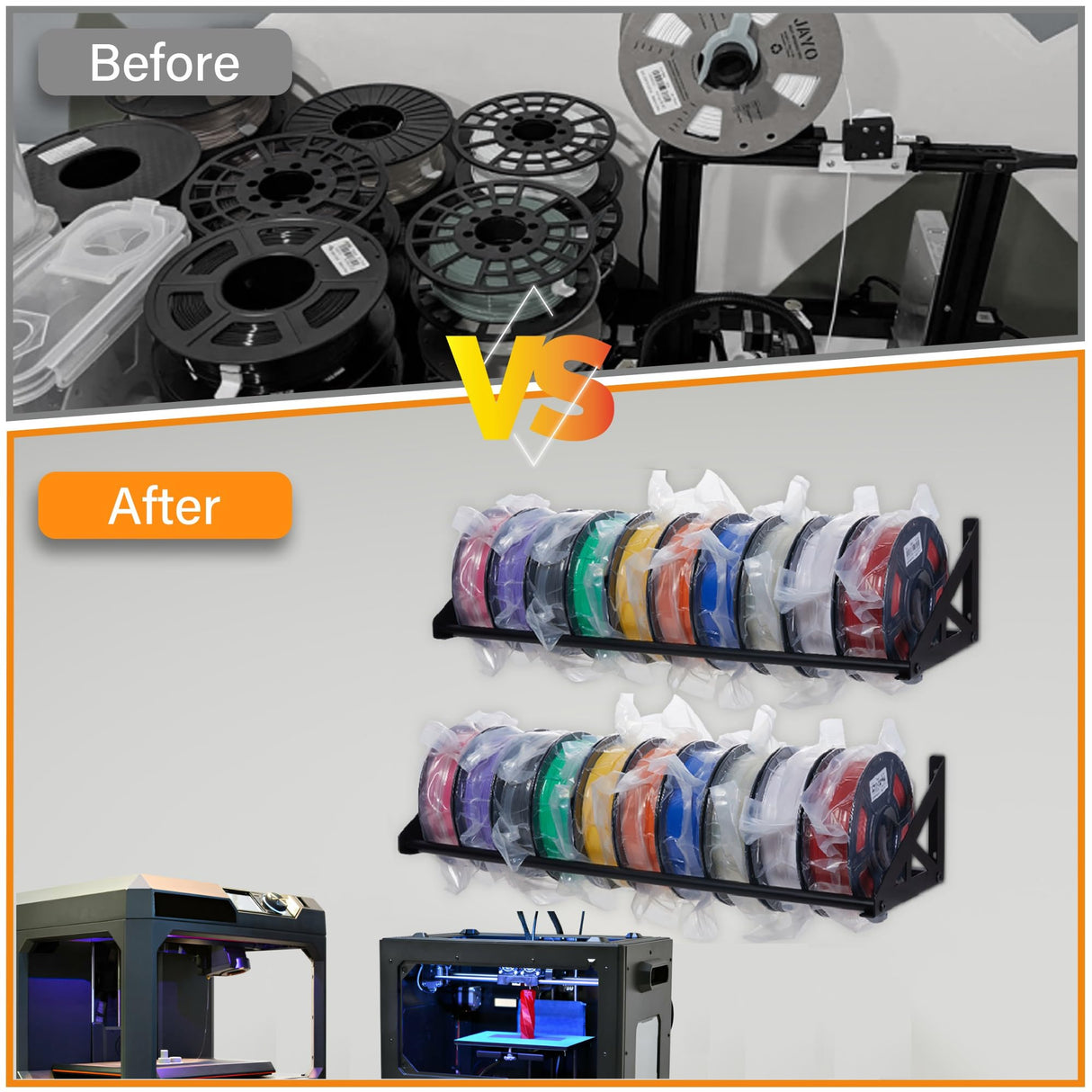 EROTASH 3D Printer Filament Storage Rack, Filament Rack Wall Mount, 3D Filament Storage Shelf, Filament Spool Holder for 3D Printer Rolls, 2 PCS Heavy Duty Metal Organizer for 3D Printing Studio EROTASH