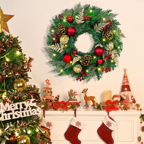 Christmas Wreath with Lights - 16" Christmas Wreaths for Front Door with Red Bow, Christmas Door Wreath with Balls Berries & Pine Cones for Home Wall Indoor Outdoor Xmas Decor Yastouay