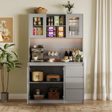 Kitchen Pantry Cabinet,71" Tall Storage Cabinet with Doors and Shelves Adjustable, Kitchen Storage Hutch with Microwave Shelf, Led Lights and Charging Station,Corner Pantry Cabinet,Grey Garvee