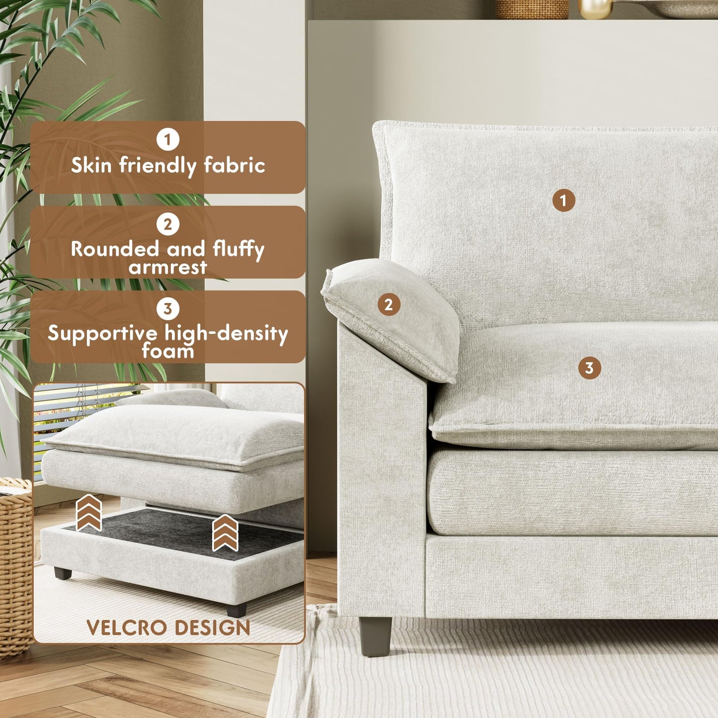 YESHOMY Sectional Modular Sofa L Shaped Chenille Fabric Couch with High Supportive & Soft Sponges and Removable Ottoman, Sleeper Comfy Upholstered Furniture for Living Room, White