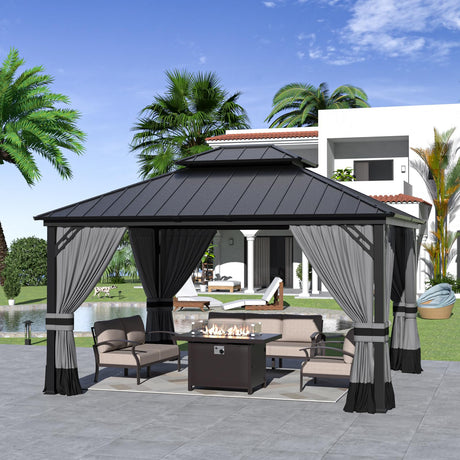 Kurapika 12' x 14' Hardtop Outdoor Metal Gazebo with Galvanized Steel Double Roof Canopy, Curtain and Netting, Aluminum Permanent Pavilion Gazebo, Grey Kurapika