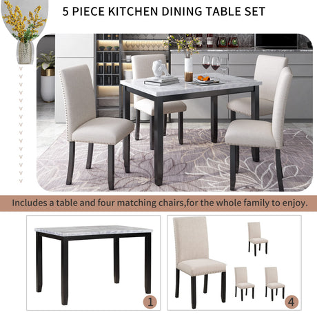 5 Pieces Dining Table Set, Elegant Faux Marble Desk and 4 Upholstered Cushion Chairs, Perfect for Kitchen, Breakfast Nook, Bar, Living Room Merax