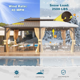 MELLCOM 12'x20' Hardtop Gazebo, Galvanized Steel Metal Double Roof Aluminum Gazebo with Curtain and Netting, Brown Permanent Pavilion Gazebo with Aluminum Frame for Patio, Lawn & Garden MELLCOM