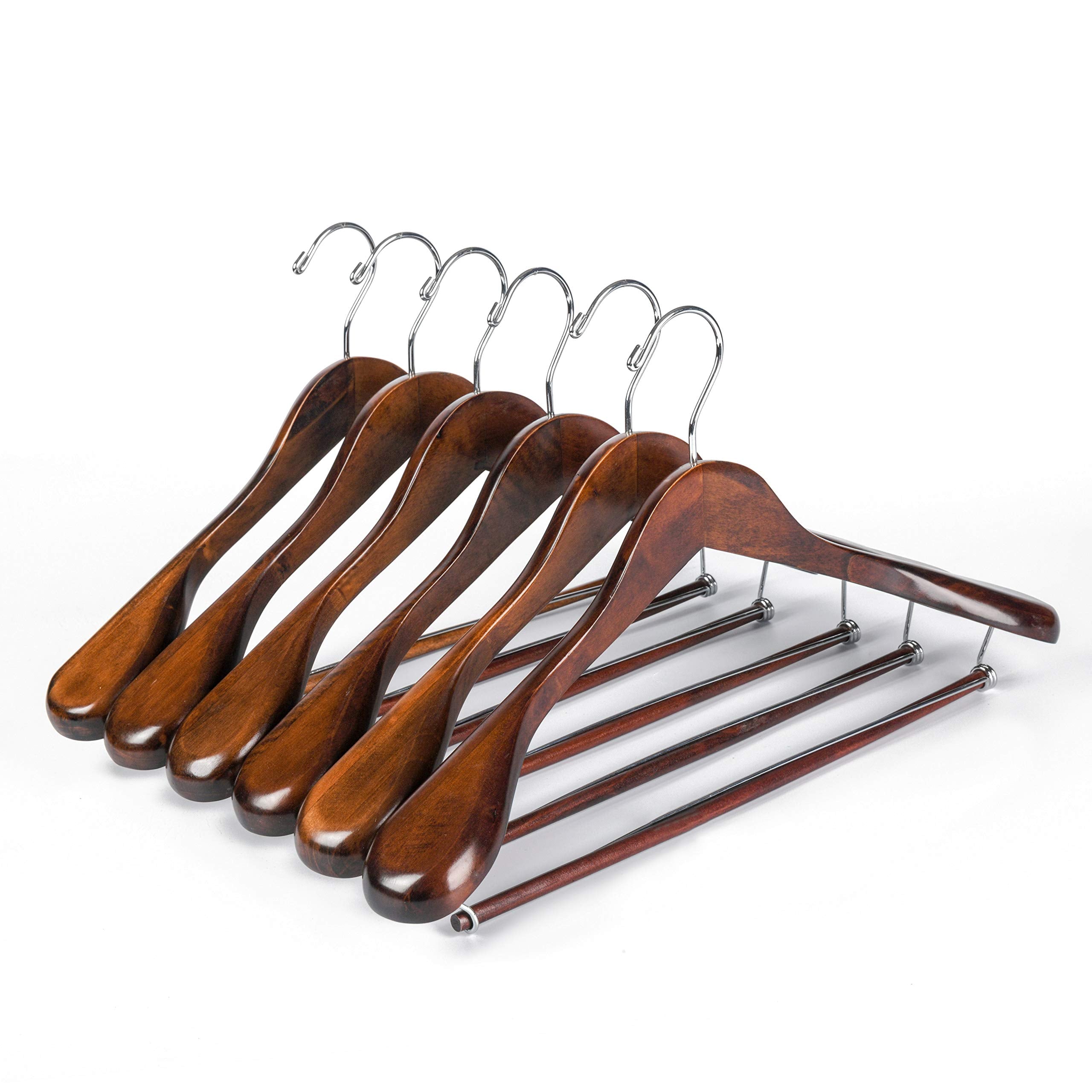 Luxury Wide Shoulder Wooden Hangers 6 Pack with Locking Bar - Thumbnail 2