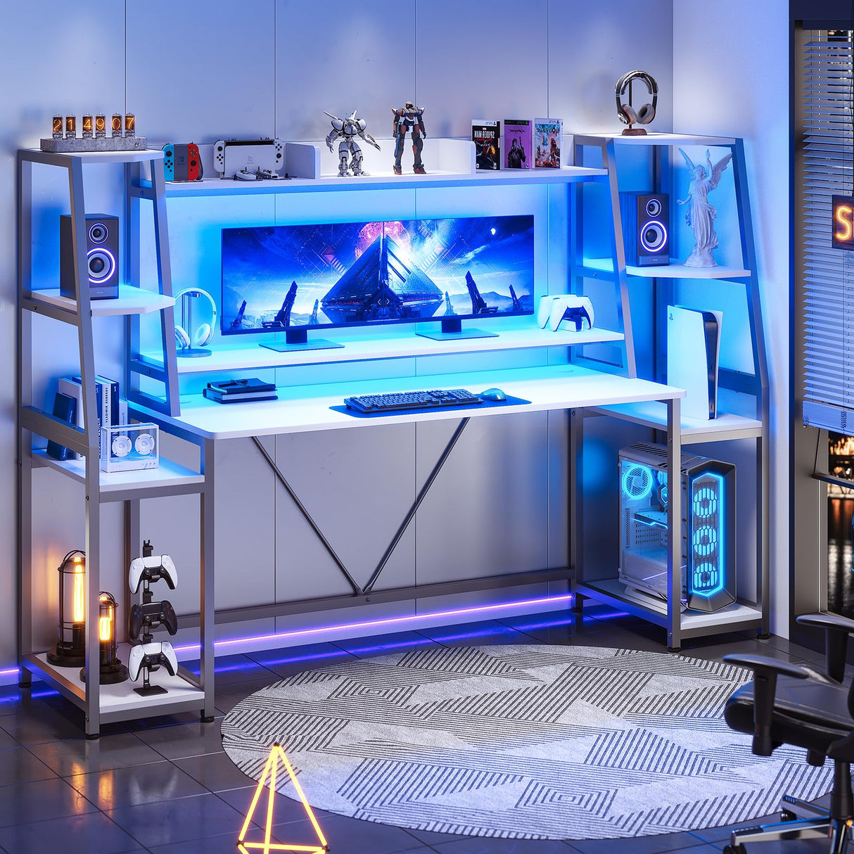 SEDETA White Gaming Desk 78.8'' with LED Lights, Hutch and Storage Shelves, Computer Desk with Monitor Stand, Large PC Gamer Desk Workstation, Ergonomic Gaming Table for Bedroom, Living Room SEDETA