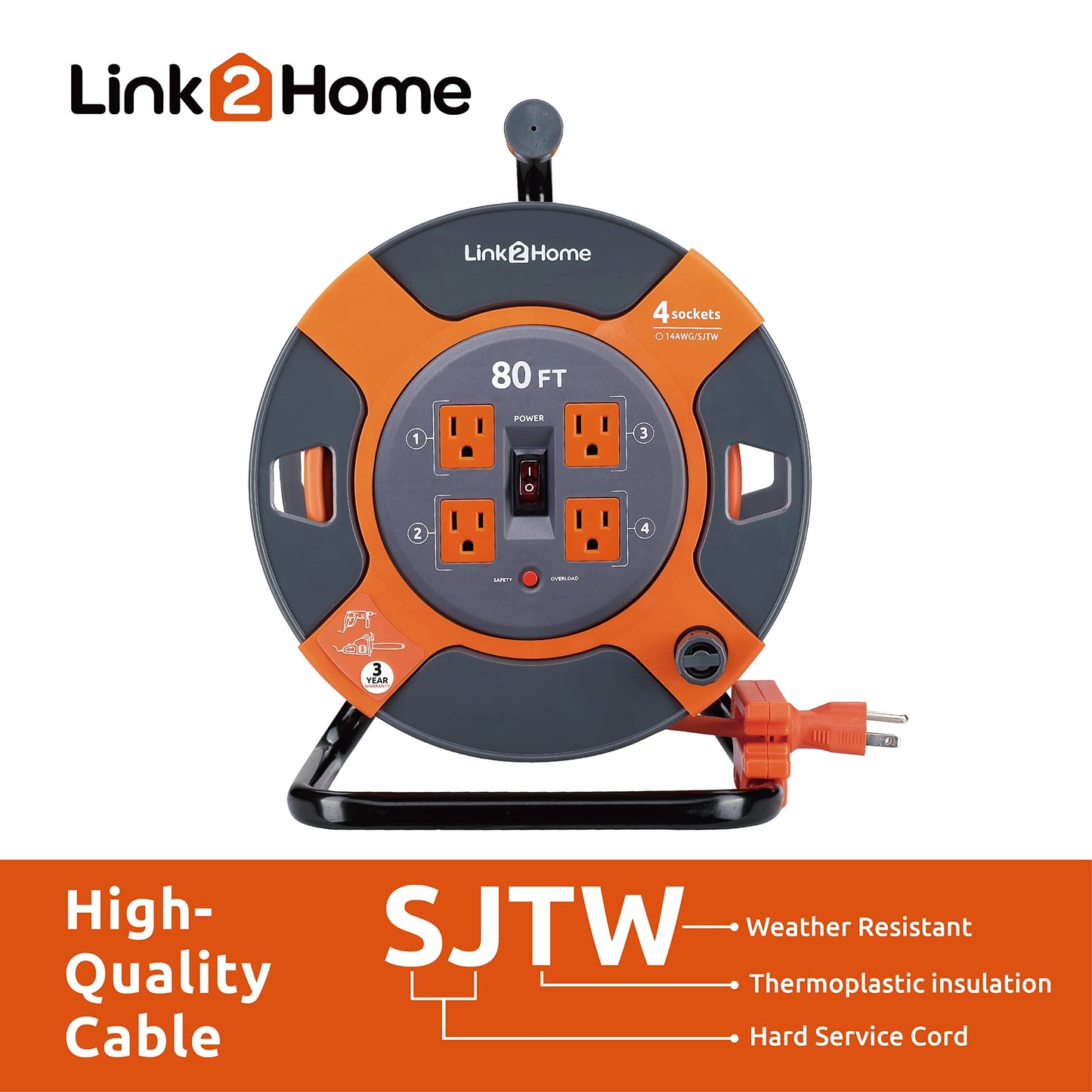 Link2Home Cord Reel 80 ft. Extension Cord 4 Power Outlets – 14 AWG SJTW Cable. Heavy Duty High Visibility Power Cord. - WoodArtSupply