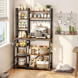 Baker Rack with Power Outlet - Microwave Stand with Storage, Large Coffee Bar Station with 14 Hooks, Metal Kitchen Shelf Rack for Spices, Pots, Rustic Brown and Black SNTD