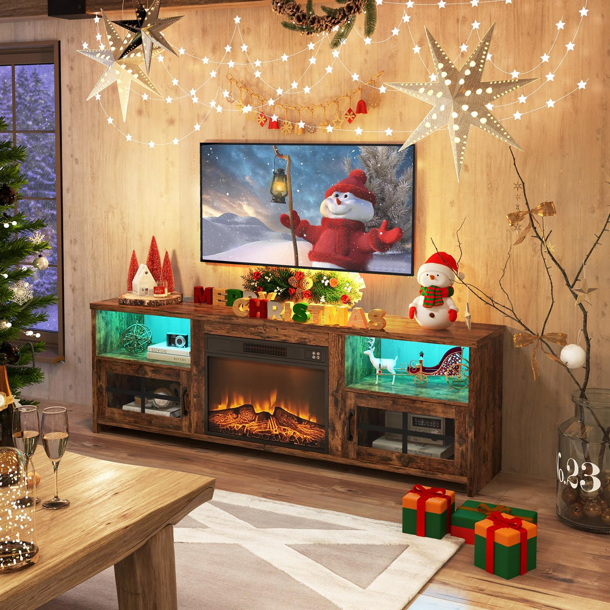 Livofloral Fireplace TV Stand for 75 Inch TV with LED Lights, Entertainment Center with 23” Electric Fireplace, LED TV Console Table with Open Storage Shelves & Cabinets for Living Room, Brown Livofloral