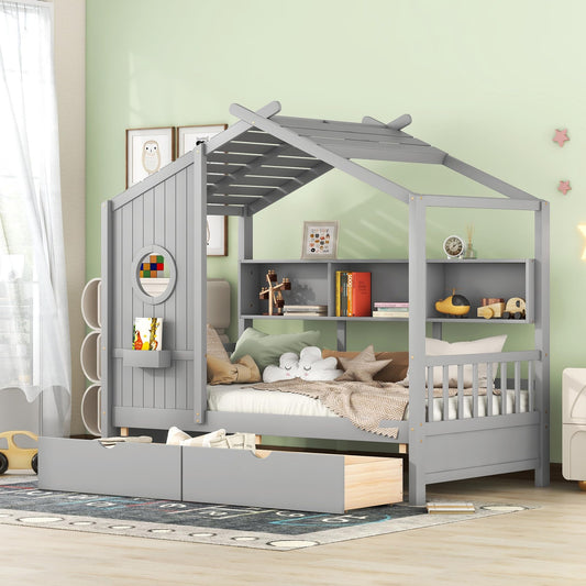 Bellemave Twin Size Kids House Bed Frame with Storage Drawers and Shelves - Gray - WoodArtSupply