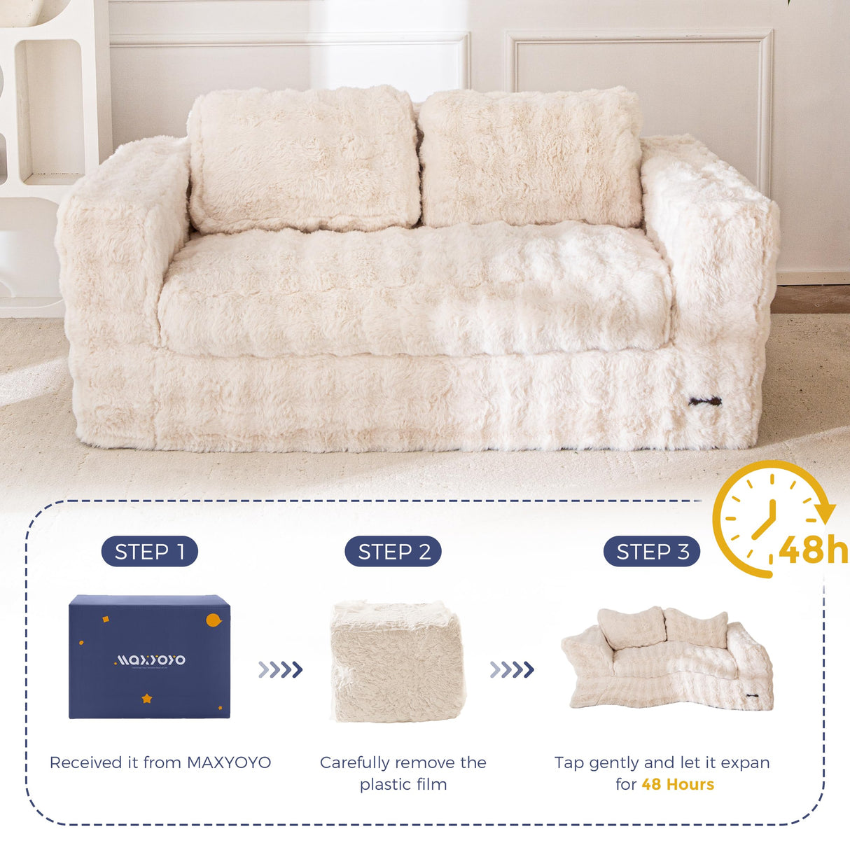 MAXYOYO Loveseat Sofa for Living Room, Small Sofa Couch Tufted Boneless Couch, Comfy Bean Bag Chair for Small Space Bedroom Apartment, No Assembly Needed, Beige MAXYOYO