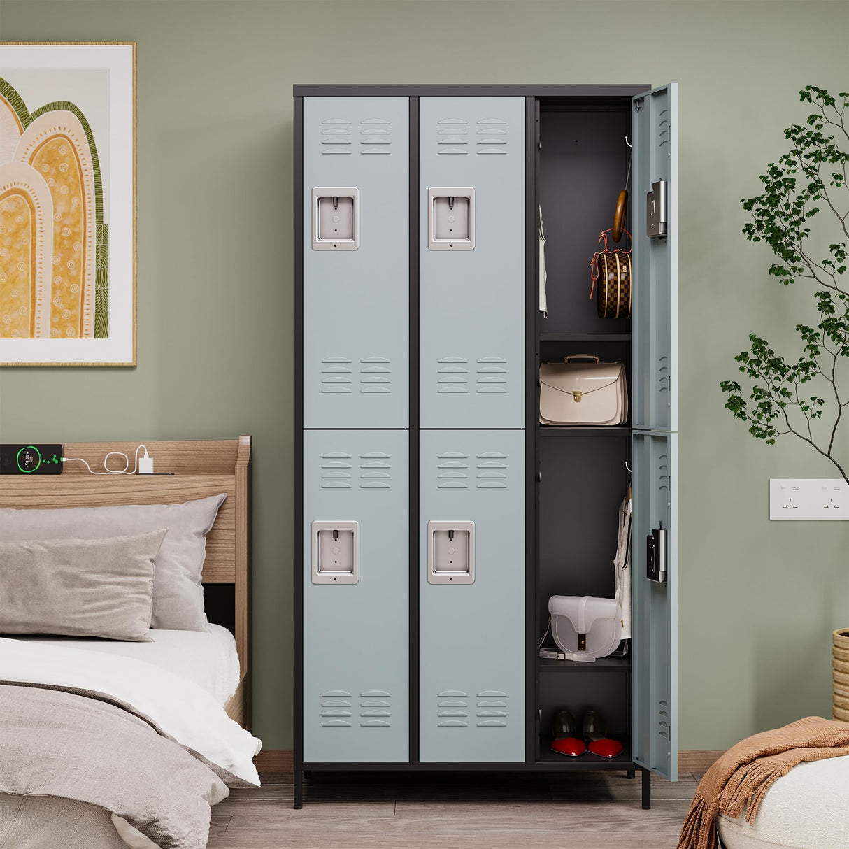 Anxxsu Metal Locker with 6 Doors Employees Locker, Metal Storage Locker with Hooks, 71" Storage Cabinet Lockers for Employees, Home, Office, Gym Requires Assembly (6 Doors, Black Grey) Anxxsu