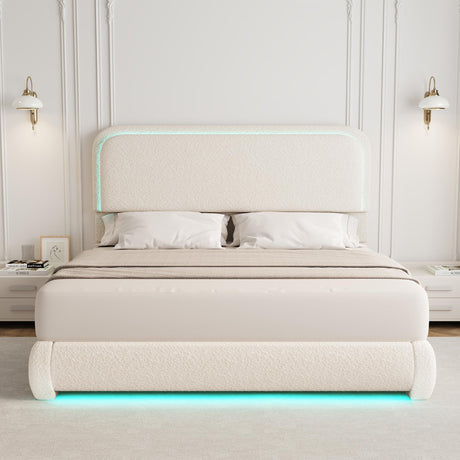Full Bed Frame, Soft Teddy Fleece Upholstered Platform Bedframe with Thickened Rounded Corners Headboard Footboard, Modern Curved Shaped Cloud Bed Frame with LED Lights, No Box Spring Needed, Cream SIBEDS