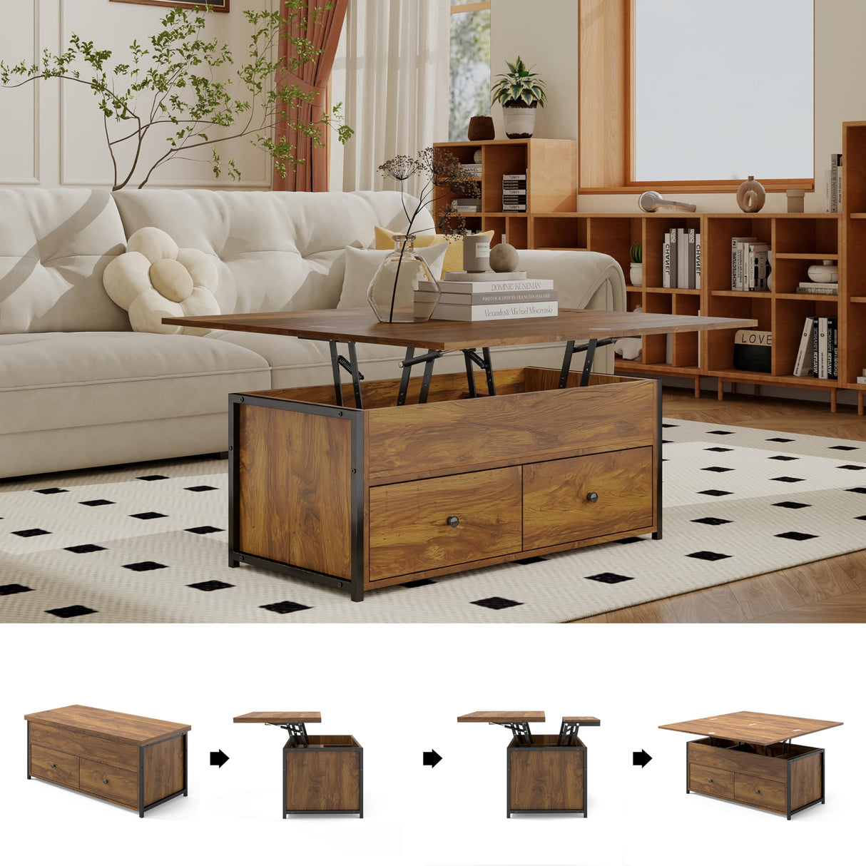 Manora Multi-Functional Lift-Top Coffee Table Convertible to Dining Table or Workstation, Rustic Wood Center Table with Hidden Storage, Compact Design for Living Room or Home Office, Rustic Brown Manora