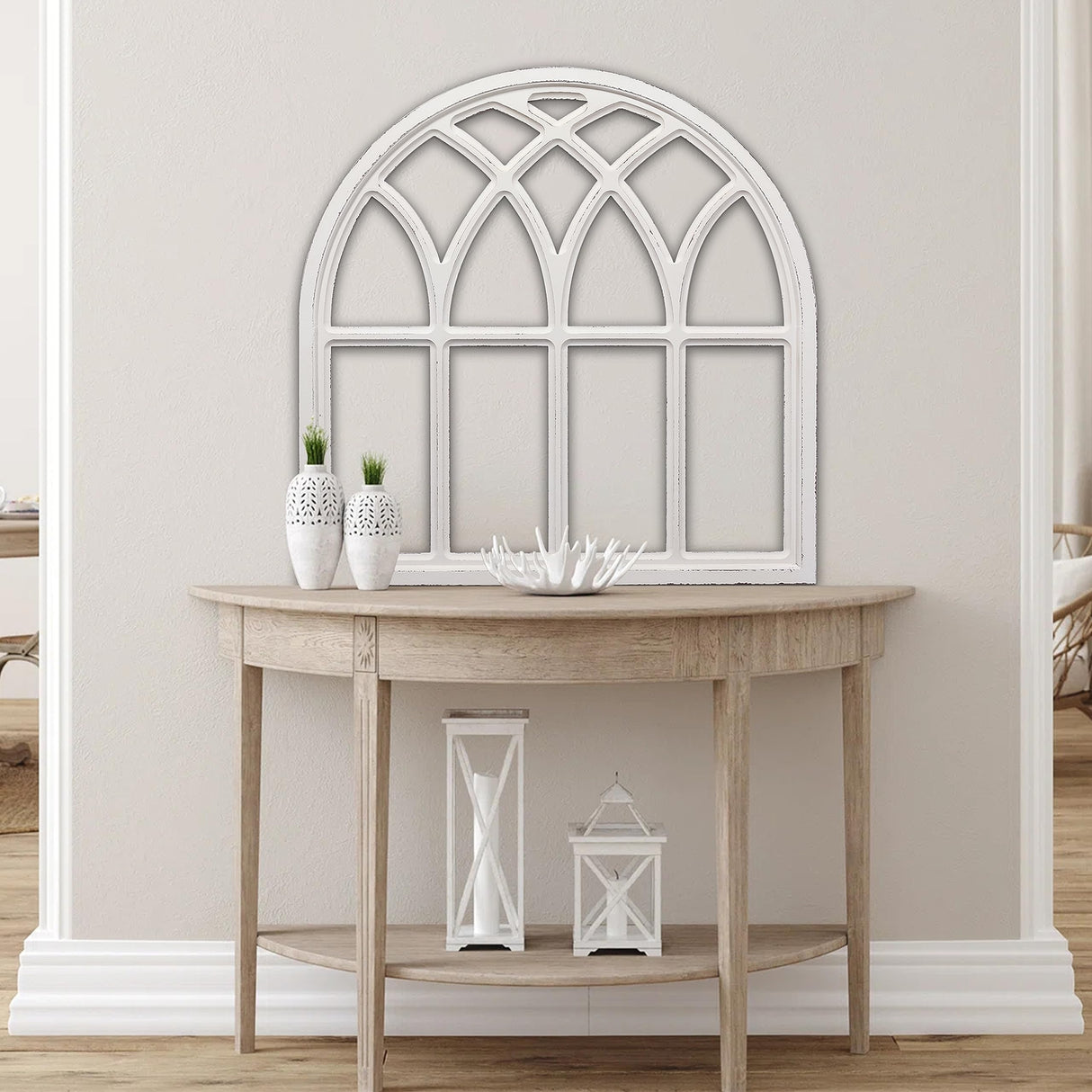 Sintosin Farmhouse White Arched Window Frame Decor 32 Inch, Hanging Distressed Wooden Rustic Window Frames for Wall Decor, Window Pane Wall Decor for Living Room Christmas Halloween Sintosin