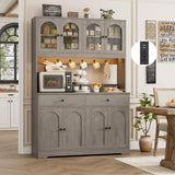 HIFIT 71" LED Kitchen Pantry Cabinet with Power Outlet, Large Kitchen Hutch Storage Cabinet with Arched Door, Shelves, 2 Drawer, Tall Farmhouse Coffee Bar w/Hutch for Home Dining Living Room, Ash Grey HIFIT
