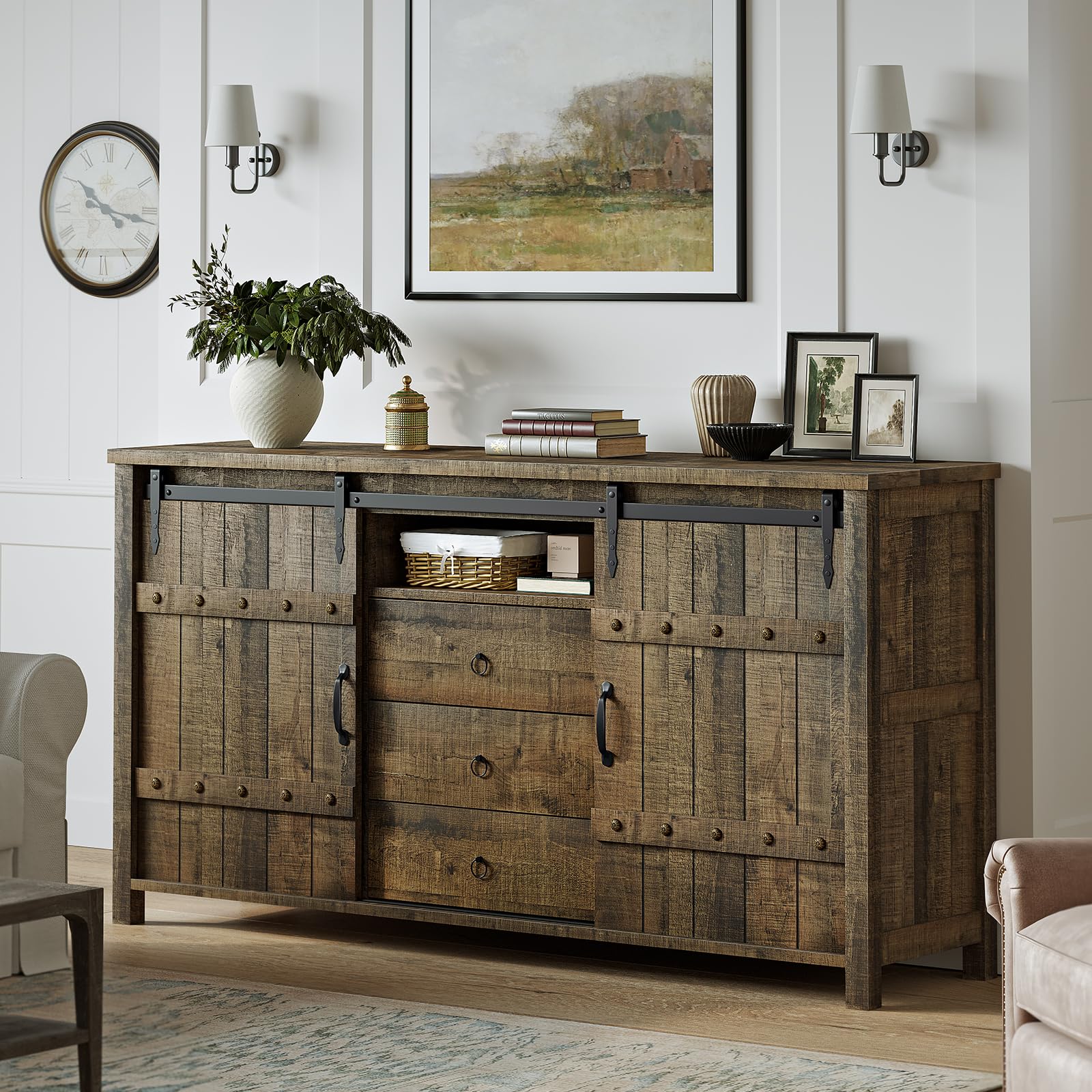 REAHOME 60" Buffet Cabinet with Storage, Farmhouse Sideboard Buffet Cabinet with Sliding Barn Doors & 3 Drawers, Wood Coffee Bar Cabinet Buffet Table for Kitchen, Dining Room, Rustic Brown - WoodArtSupply