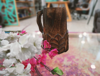 Handcrafted Wooden Beer Mug with Handle Antique Color Floral Cut Design Viking Renissance Beer Tankard Fantasy Mug Rustic Handmade Wood Beer Groomsmen - WoodArtSupply