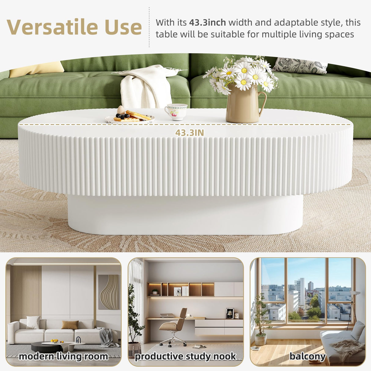 Merax Modern 43.3" W Oval Coffee Table with Sturdy Base, Wood Center Tables for Living Room Reception Room, Easy Assemble, White Merax