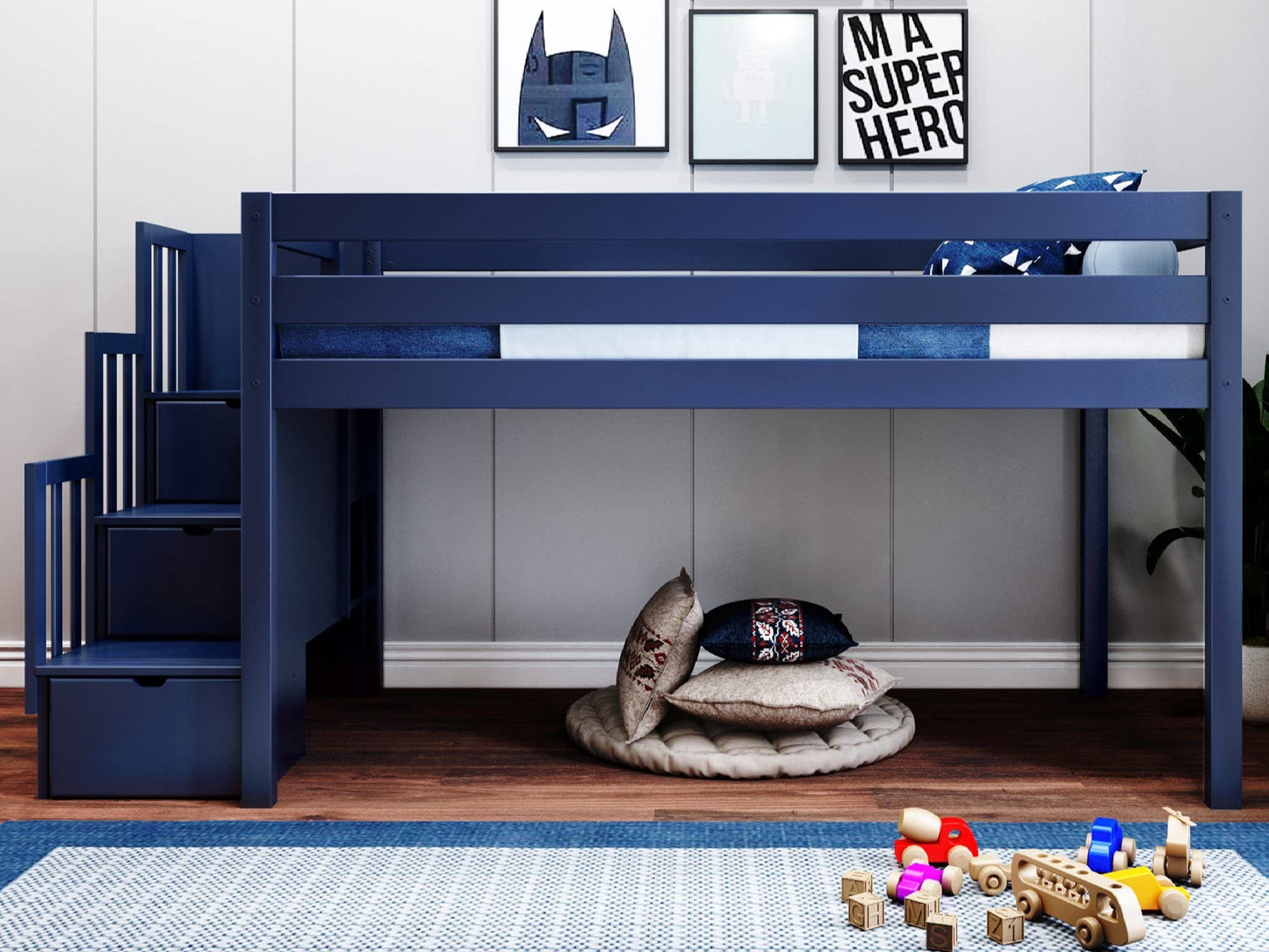 JACKPOT! Contemporary Low Loft Twin Bed with a 3 Drawer Stairway, Blue