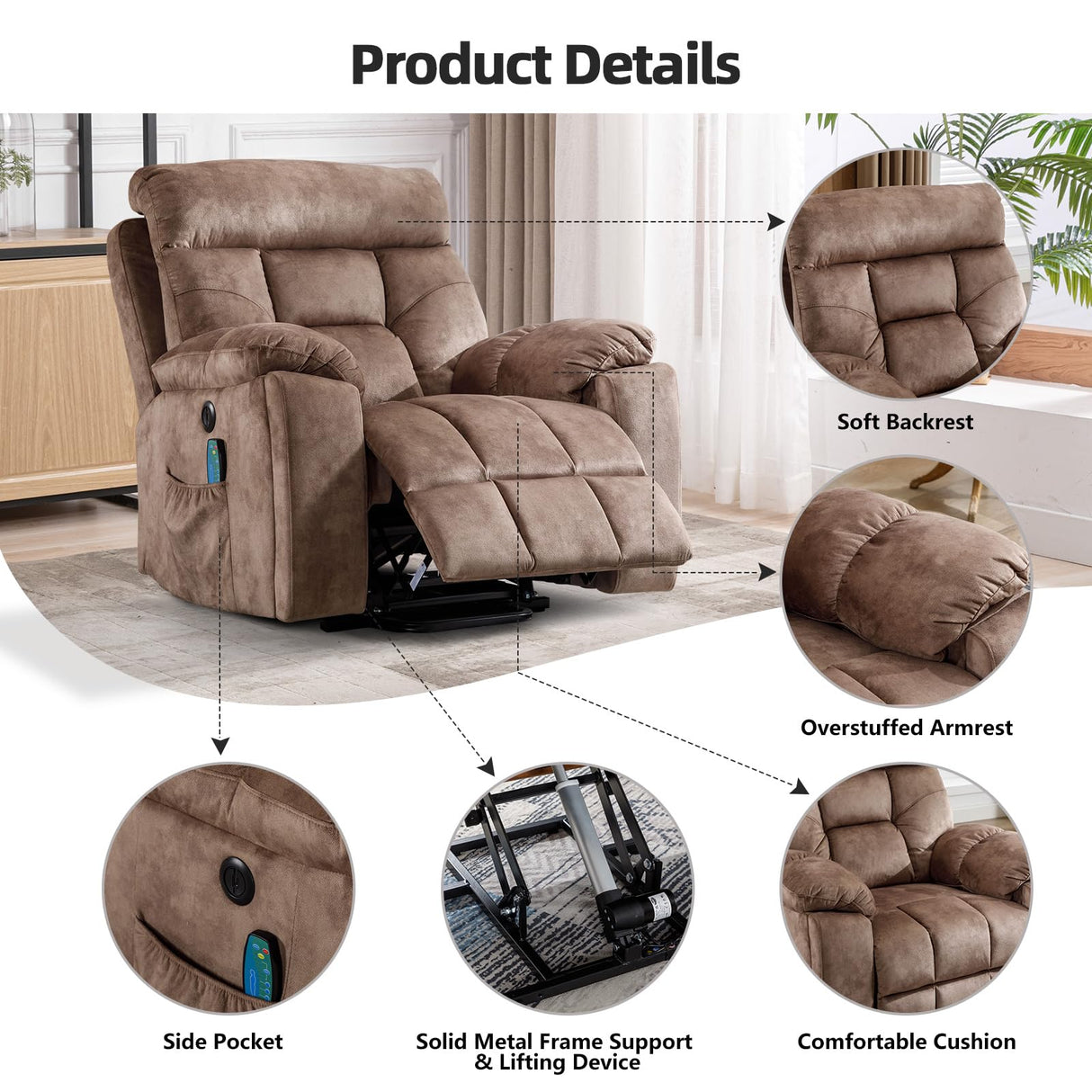 CANMOV Large Power Lift Recliner Chair with Massage and Heat for Elderly Big and Tall People, Overstuffed Wide Recliners with 2 Cup Holders, Side Pocket and USB Port, Camel CANMOV