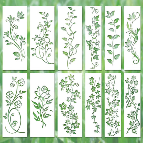 12pcs Leaf Vine Stencils, Leaves & Flower Stencil Reusable Floral Stencil Spring Drawing Templates for Painting on Walls DIY Craft Canvas Home Decor Wall Art Gosknor