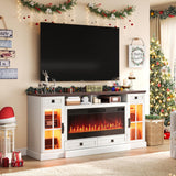 LUXOAK 70'' Large Fireplace TV Stand with 42" Fireplace, Farmhouse Entertainment Center with LED Lights for TVs up to 80'', Highboy TV Console Table with Glass Door for Living Room, Barnwood+White LUXOAK