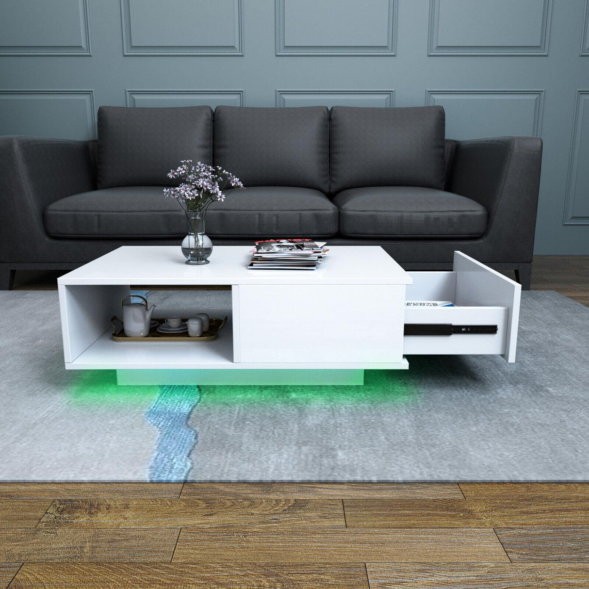 COSVALVE Modern White LED Coffee Tables for Living Room with Drawer & 16-Color LED Lights, Rectangle Living Room Sofa Table with Ample Storage Space(23.6" D x 43.3" W x 15.7" H) COSVALVE